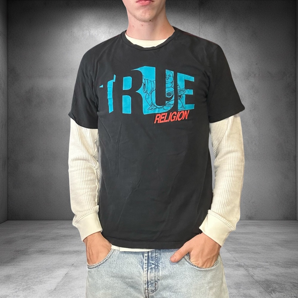 True Religion Mens Graphic T-Shirt Black Blue Buddha Logo Y2K Skater Tee Size M